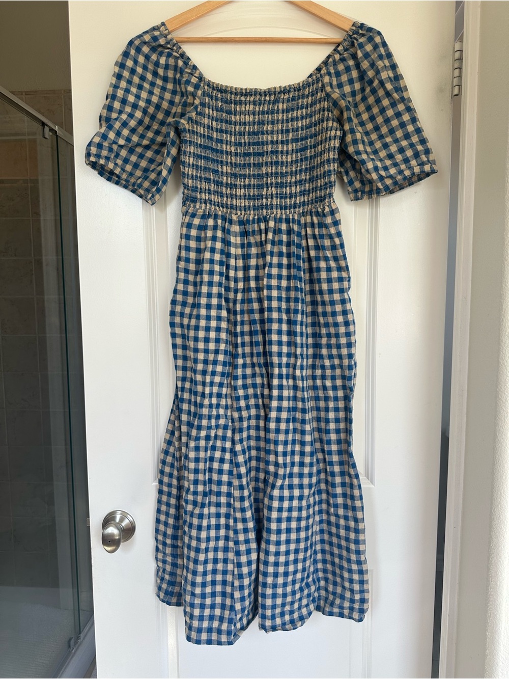 Boden Blue and Cream Gingham Smocked Midi Dress